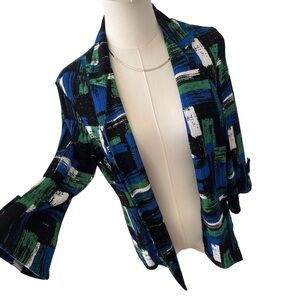 NWT Vintage abstract print open blazer lightweight blue green 3/4 sleeves PXS